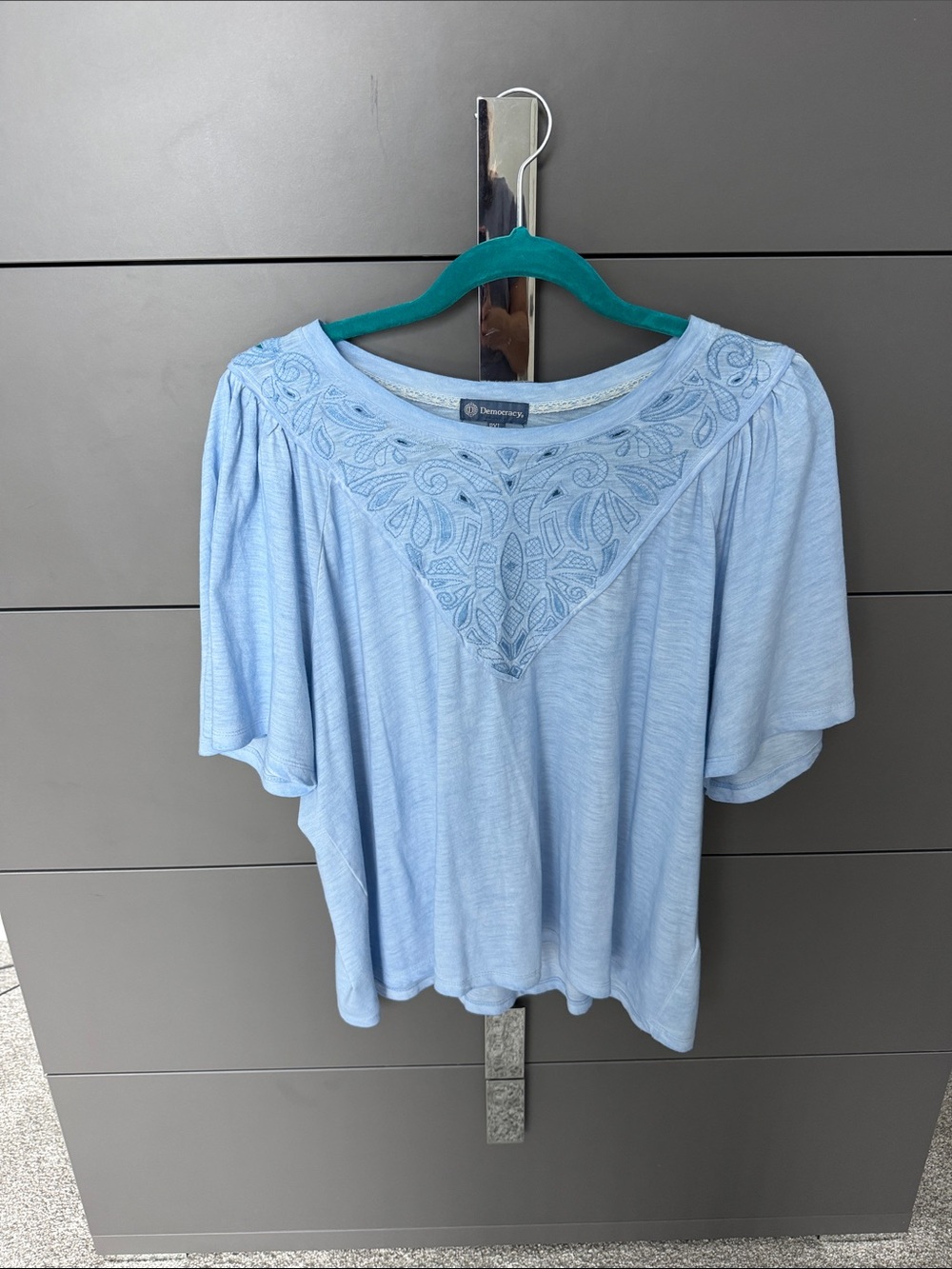Democracy Powder Blue Embroidered V-Yoke Flutter Top